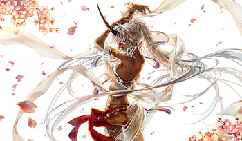Beautiful Dancer!, pixiv fantasia, awesome, tattoo, long hair, goddess, beauty, nice, ponytail, petlas, horn, game, braids, female, shorts, sexy, magic, unicor, blue eyes, dancer, beautiful, demon, anime girl, anime, fantasy, pretty, lights, white hair, cool, unicorn, flowers HD wallpaper