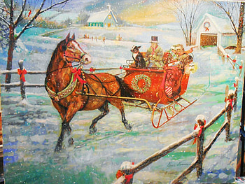 Sleighride, snow, artwork, winter, horse, painting, fence, people, tree HD wallpaper