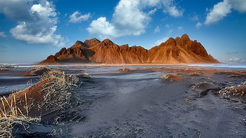 Vestrahorn Mountain, Iceland, clouds, sea, sky, coast, landscape HD wallpaper