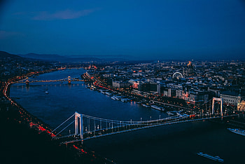 Bridges of Budapest, city, aerial view, sky, sunset HD wallpaper
