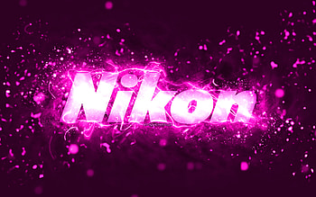 Nikon purple logo, , purple neon lights, creative, purple abstract background, Nikon logo, brands, Nikon HD wallpaper