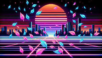 Falling Leaves in Retro Neon Sunset -, falling leaves, neon, cityscape, Digital Art HD wallpaper