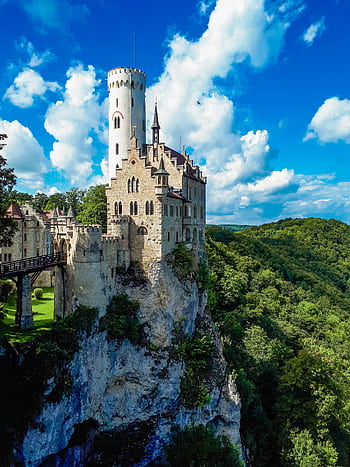 Beautiful Lichtenstein Castle perched on a cliff, surrounded by lush greenery, under a vibrant blue sky. HD phone wallpaper