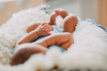 A serene close-up of a sleeping newborn lying on a fluffy blanket indoors. HD wallpaper