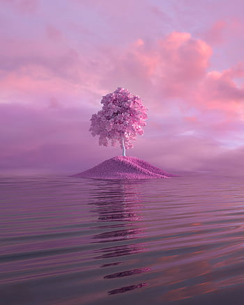 A surreal pink tree on an isolated island reflecting in calm waters under a vibrant sunset sky. HD phone wallpaper