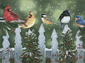 Garden Christmas, chickadee, songbirds, birds, artwork, decoration, painting, snow, fence, cardinals HD wallpaper