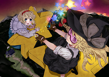 Touhou, blue eyes, alice margatroid, head band, long hair, dress, blomde hair, 2girls, kirisame marisa, hat HD wallpaper