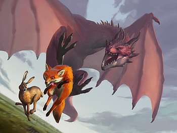 Run!, kk zhang, fantasy, running, dragon, fox, rabbit, hare, art, vulpe, bunny HD wallpaper