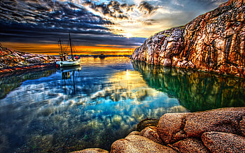 Sunset, boat, colorful, colors, peaceful, beauty, sailboats, reflection, boats, amazing, water, ocean, beautiful, sailboat, rocks, lake, cliffs, view, clouds, sailing, nature, sky, lovely HD wallpaper