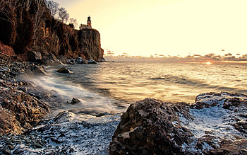 Nature, Sea, Waves, Snow, Rock, Shore, Bank, Lighthouse, Rocky, Stony HD wallpaper
