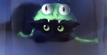 Frog cat, black, eyes, frog, cat, pisica, fantasy, apofiss, green, luminos HD wallpaper