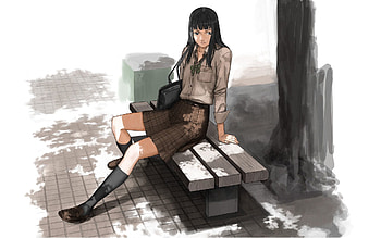 Anime, Wood, Park, Tree, Girl, Bench, Brunette HD wallpaper