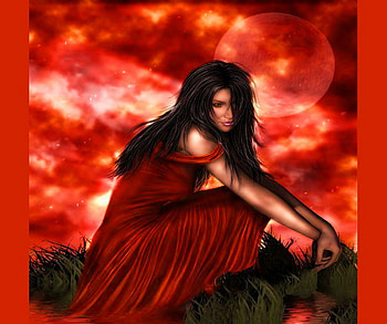 Scarlet night, red sky, clouds, grass, black hair, red dress, woman, beauty HD wallpaper