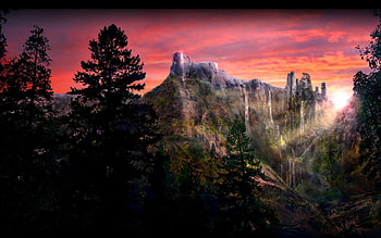 castle, wds, color, art, trees, waterfalls, sky, mountains HD wallpaper