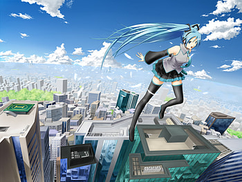 Hatsune Miku, sexy, blue eyes, city, cute, blue hair, girl, vocaloid, long hair, buildings, anime, twintails, clouds, sky HD wallpaper