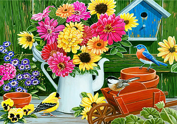 Spring Bouquet with Birds, birds house, painting, blossoms, colors, flowers HD wallpaper