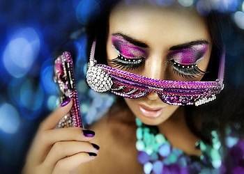 GLASSES AND LASHES FROM CRYSTALS, blue, purple, model, crystals, make up, glasses, woman, beauty HD wallpaper