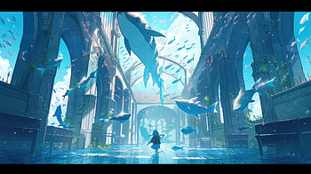 AI Anime: Dreamlike Ocean Cathedral Scene, AI Art, Anime, Original HD wallpaper
