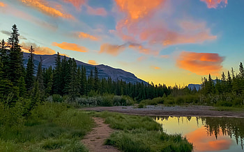 Sunrise reflection at Policeman’s Creek, Canmore, river, reflection, clouds, colors, sky, canada, water, alberta HD wallpaper