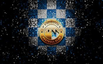 Pyramids FC, glitter logo, Egyptian Premier League, blue white checkered background, EPL, soccer, egyptian football club, Pyramids FC logo, mosaic art, football, FC Pyramids HD wallpaper