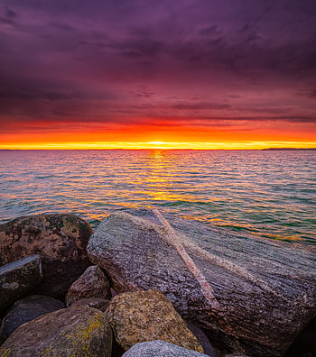 Sunset, rocks, coast, twilight, sea HD phone wallpaper