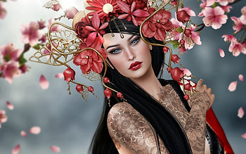 Beauty, fantasy, red, flower, tattoo, face, girl, magissadenver HD wallpaper