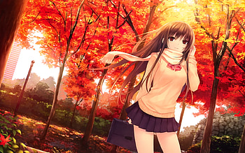 Autumn Day, brown eyes, girl, school uniform, tree, buildings, leaves, anime, original, brown hair, autumn, scarf HD wallpaper