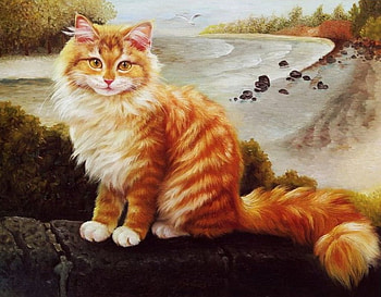 Fluffy Kitty, winter, artwork, sitting, painting, landscape HD wallpaper