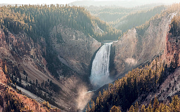 The setting sun over Yellowstone's Lower Falls, river, canyon, mountains, rocks, sunset, wyoming, usa HD wallpaper