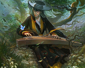 Playing A Koto On A Windy Day, wind, black, koto, butterfly, tree HD wallpaper