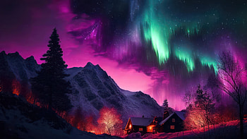 Digital Sunset Aurora Over Snowy Mountain Landscape, digital, artistic, landscape, sunset, cloud HD wallpaper