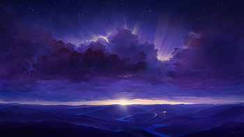 Purple Rays Sky Stars Digitalart River , artist, artwork, digital-art, deviantart HD wallpaper