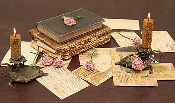 Flowers, Roses, Candles, Postcards, Books, Miscellanea, Miscellaneous, Old, Vintage, Table, Paper, Letters, Candlesticks HD wallpaper