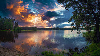 The World Above, Latvia, tree, coast, reflection, colors, clouds, sky, water HD wallpaper