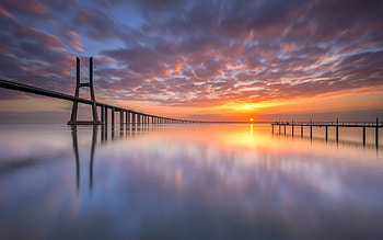 Sunrise in Lisbon, Portugal, river, Portugal, Lisbon, bridge, sunrise HD wallpaper