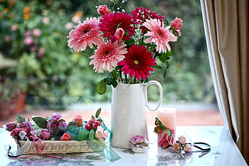 Flowers, Roses, Gerberas, Registration, Typography, Jug, Gypsophilus, Gipsophile, Basket, Candle HD wallpaper
