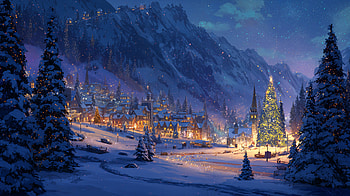 Starlit Christmas Village —, Christmas Tree, Snow, Mountain, Snowy Mountain HD wallpaper