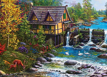Mill by the Stream, artwork, river, painting, deer, autumn, trees, watermill, stones HD wallpaper