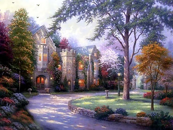 Castle, trees, sky, flowers HD wallpaper