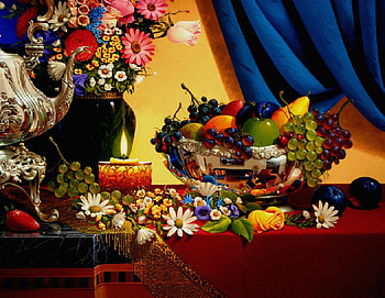 Taste the rainbow, strawberry, grapes, statue, vivid, peacock, banana, vase, flame, fruits, curtain, orange, candle, daisy, apple, flowers, fire, bowl HD wallpaper