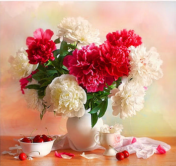Cherries and peonies, whitem vase, peonies, green leaves, cherries, red, flowers HD wallpaper