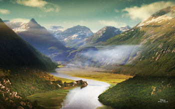 Etherea, river, art, sunrise, mountain HD wallpaper