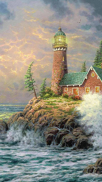 Lighthouse and Cottage, ocean, cottage, lighthouse, artistic, painting HD phone wallpaper