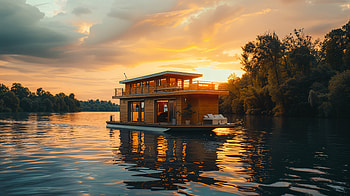Serene Houseboat at Sunset - Ultra, lake, nature HD wallpaper