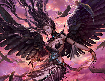 Nemain, wings, girl, angel, purple, pink, feather, fantasy, rakuen, luminos HD wallpaper