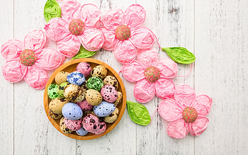 Happy Easter!, blue, pastel, basket, egg, colorful, flower, green, easter HD wallpaper