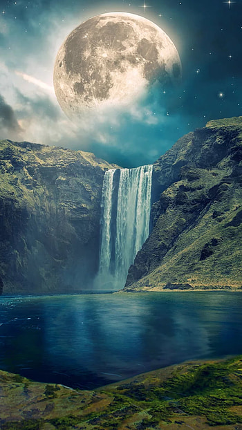 Waterfalls, cloud, sky, moon, nature, waterfall HD phone wallpaper