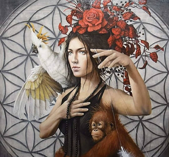 :), face, girl, maimuta, pasari, parrot, monkey, bird, art, sophie wilkins, painting, fantasy, pictura HD wallpaper