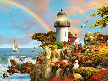 Divine Light, lighthouse, rainbow, seagull, coast, clouds, sky, sailboat, sea, artwork, digital HD wallpaper