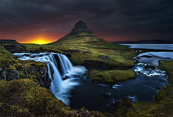 Kirkjufell at sunset, iceland, waterfalls, sunset, mountain HD wallpaper